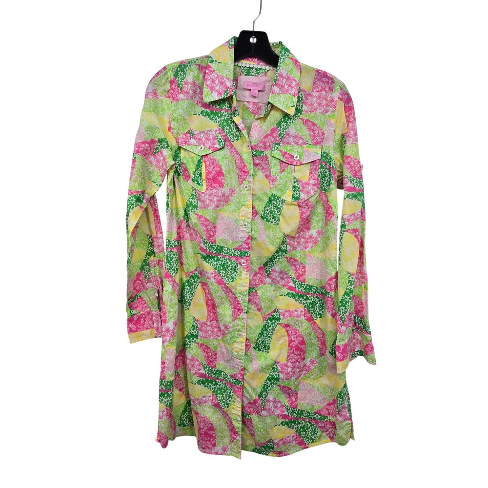 Lilly Pulitzer Shirt Dress Women XS Pink Green Floral Patchwork Tie Belt Pockets
